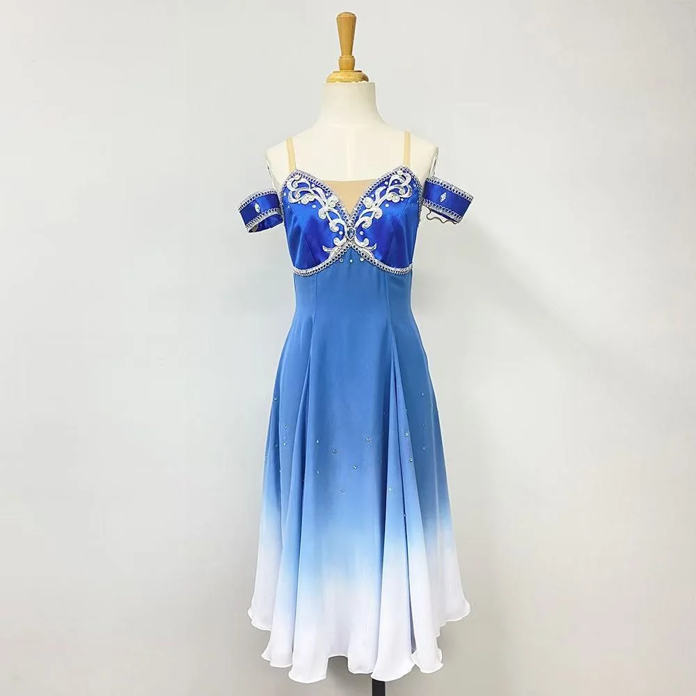 Long royal-blue-to-white ombré dance dress with silver bodice decoration