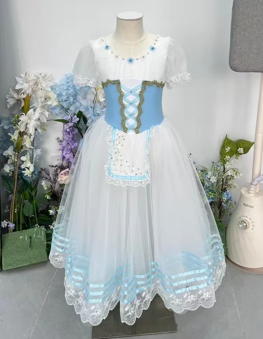 Long white ballet dress with a blue fitted bodice and pale blue skirt trim