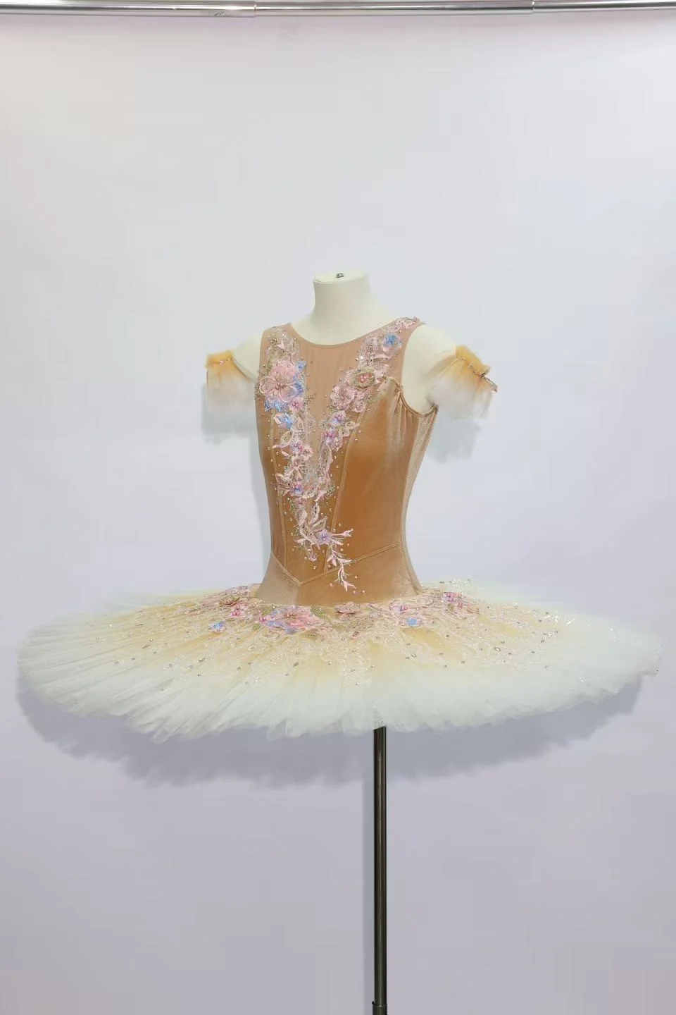 Champagne-coloured bodice with blush decoration and a pale classical tutu skirt
