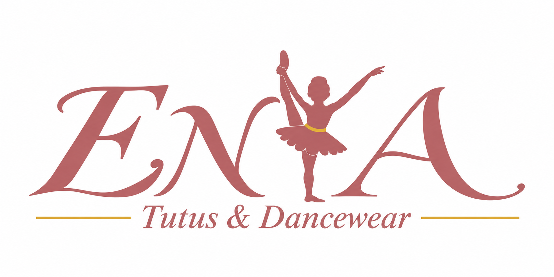 ENYA Tutus & Dancewear — rose italic wordmark with a ballerina and gold accents
