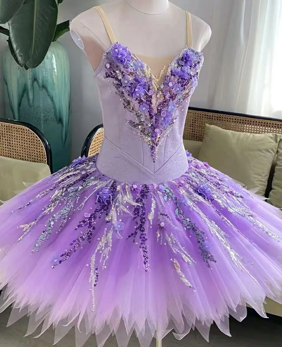 Close view of a lilac classical tutu with floral and sparkling decorative details